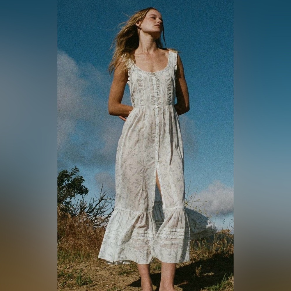 DÔEN Claribelle Cotton Midi Dress in Blanc Bluebell Ballad | XL